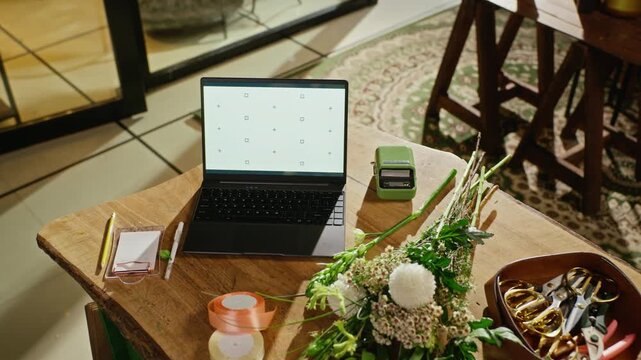 Laptop with green screen mockup sitting on wooden florist table next to fresh flowers and tools. Clip is ideal for promoting e-commerce software, online ordering, or small business management apps