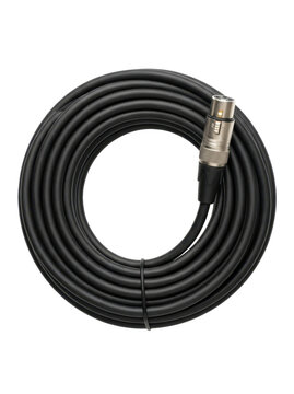 A neatly coiled black audio cable with a silver xlr connector on a white background.