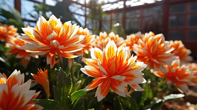 Macro shot of blooming orange and white bloodroot flowers in a greenhouse