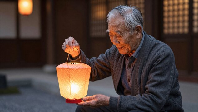 Elderly man with gray hair looks at a red and orange festive asian lantern