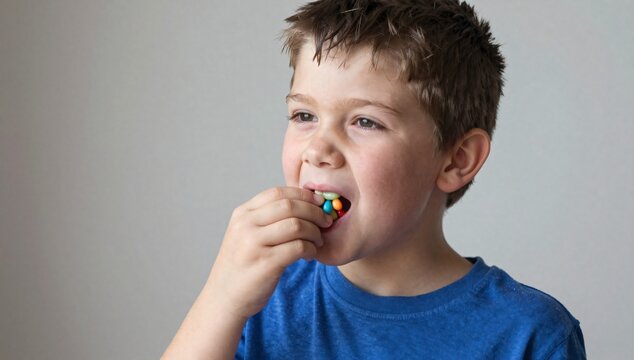 Boy putting a handful of colorful candies into his mouth against a gray background