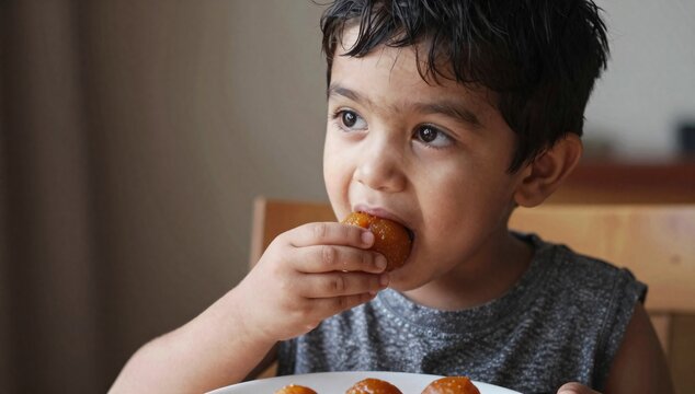 Young boy enjoys a delicious gulab jamun sweet treat, looking off camera contentedly