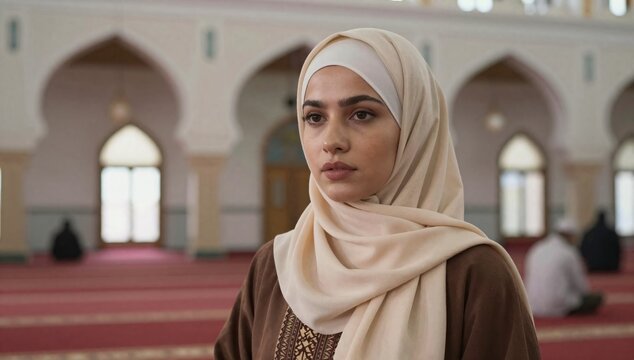 Thoughtful woman in hijab stands inside a mosque with architectural arches