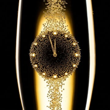 Champagne bubbles rising and forming a glowing clock face at midnight