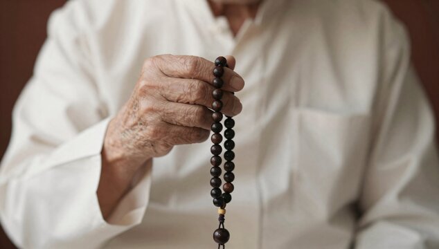 Old hand holding a string of prayer beads for spirituality and mindfulness