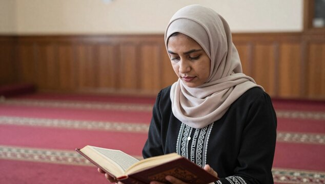 Woman in hijab reading a book in a mosque during prayer time