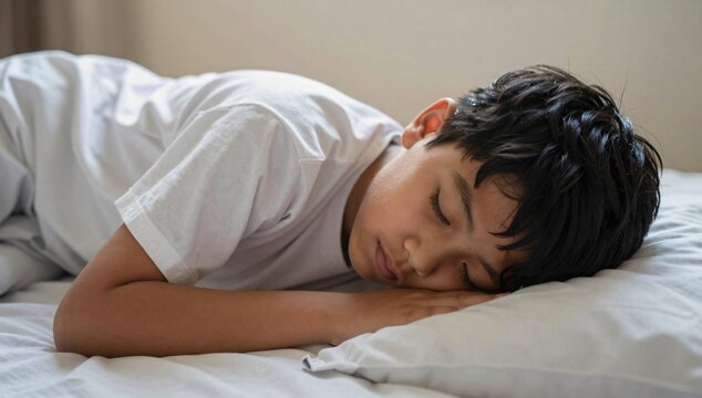 Peaceful slumber: young boy resting on a soft pillow in his bed