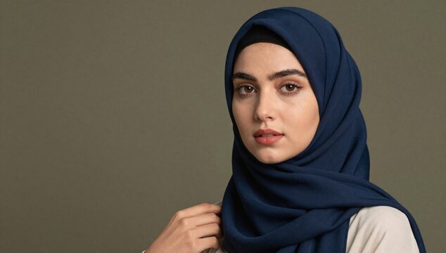 Portrait of a beautiful woman in hijab against a solid background in studio lighting
