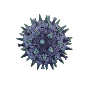 3D render of a dark blue virus or pollen grain with green spikes.