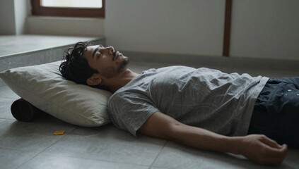 Obraz premium Man is sleeping on a pillow on the tiled floor in a brightly lit room with a window