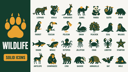 Obraz premium Wildlife Animals Color Solid Icon Set with Jungle, Safari, Forest, Marine and Reptile Species