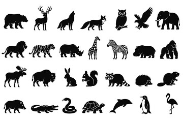 Naklejka premium Wild Animals Black Silhouette Icon Set with Forest, Safari, Jungle, Marine and Bird Species