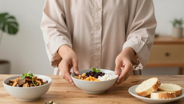 Woman presents a bowl of tapioca pudding, mango, and nata de coco