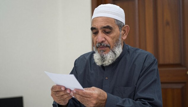 Senior man in a kufi carefully examining a piece of paper in his hands