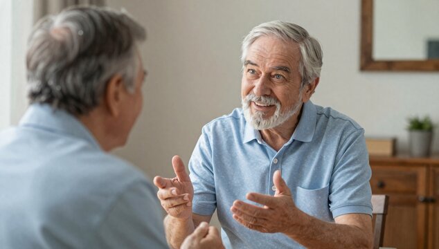Friendly conversation between two senior men indoors with gestures and pleasant expressions
