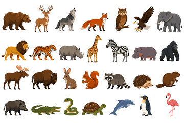 Obraz premium Wild animal icon set with mammals birds reptiles marine life and forest wildlife vector illustration