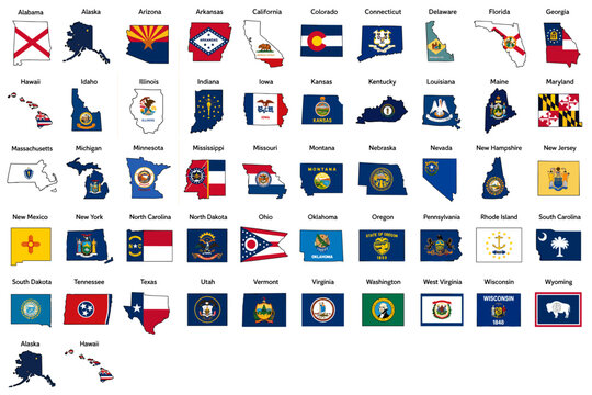 United States state flags icon set with all US state flags map symbols and regional emblems vector illustration