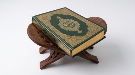 Obraz premium Holy Quran book with gold ornaments placed on a wooden rehal stand against a white background