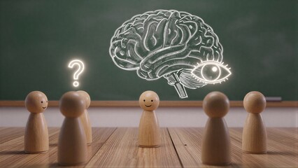 Naklejka premium Wooden figures gaze at chalkboard brain and eye, symbolizing thought and perception.