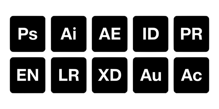 Adobe Software Icons Arranged in a Grid with Black and White Color Scheme Featuring Design, Creative, Tools with Photoshop