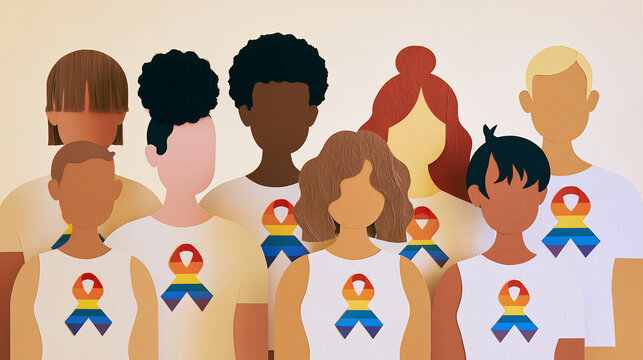 Minimalist paper craft illustration of six diverse people standing together for autism spectrum awareness, bust portrait composition, simple clean upper body silhouettes, all chara