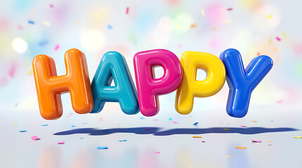 Fototapeta premium Colorful 3D Balloon Letters Spelling Happy With Confetti Background For Celebration Concept