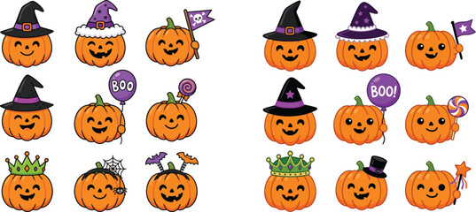 Obraz premium Set of cute cartoon halloween pumpkins with various accessories halloween jackolantern celebration character collection illustration elements seasonal isolated children