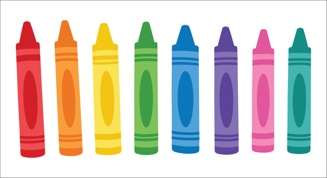 Colorful crayons arranged in a row vector illustration on a white background wax coloring tools
