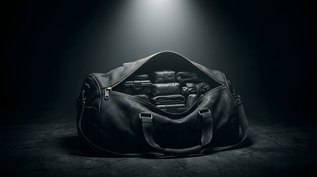A black duffel bag filled with illegal contraband, illuminated by a spotlight in a dark room
