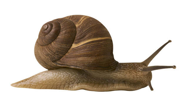 Brown garden snail with spiral shell, isolated on transparent background