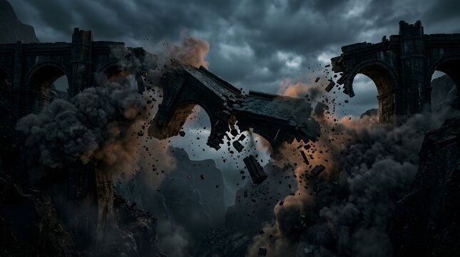 A dramatic scene of an ancient stone bridge collapsing into a deep gorge amidst explosions and debris. The sky is dark and cloudy, adding to the intensity of the destruction