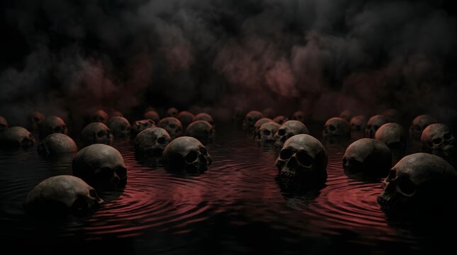A chilling scene of numerous human skulls partially submerged in murky red water, with dark smoke rising in the background, creating a terrifying and somber atmosphere