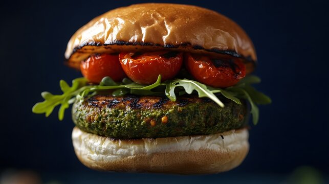 Close up of a floating veggie burger with roasted tomatoes and fresh arugula