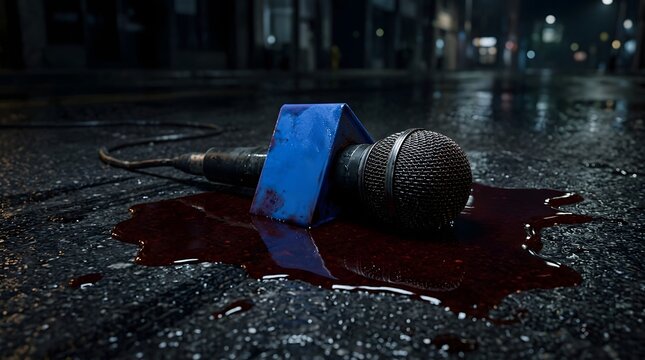 A microphone lies on the asphalt in a pool of blood, suggesting a violent event in journalism