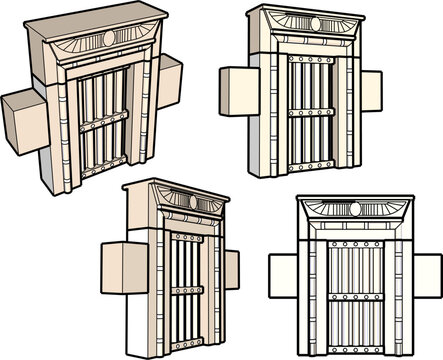 Detailed stylized low-polygon tomb ruins with traditional Egyptian deity carvings, ceremonial stone structures, and symmetrical columns