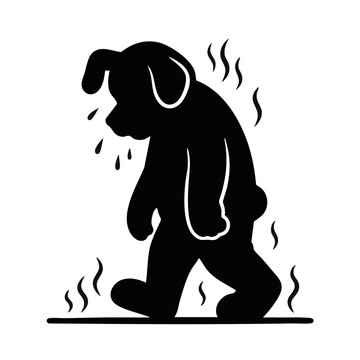 Sweating dog walking in extreme heat. Hot summer weather and heatwave concept. Black and white vector cartoon illustration of exhausted pet mascot