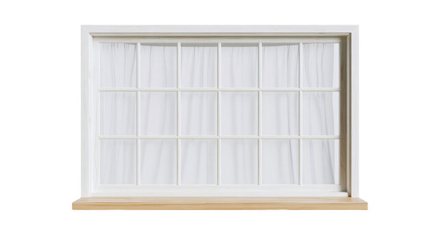 White mullioned window with sheer curtains and wooden sill, isolated on transparent background