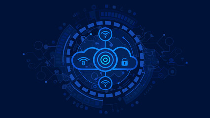 Circular network design featuring a cloud with wireless signals and a padlock in a blue gradient computing © Sujit