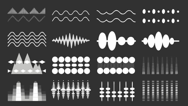 Audio Waveform Variations Collection A Compilation Of White Sound Wave Patterns On Dark Background signal acoustic frequency
