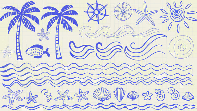 Nautical Doodles Featuring Palm Trees Starfish And Waves A Blue Sketch Illustration beachcombing blue ink coastal collection coral