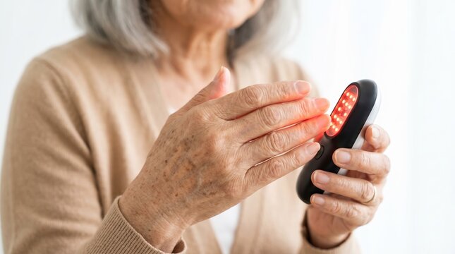 Senior woman using a handheld red light therapy device on her hand. Elderly medical care and pain relief technology