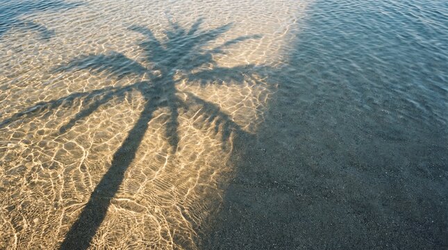 Palm tree shadow on shallow ocean water surface with golden sun caustic ripples over sandy bottom and copy space