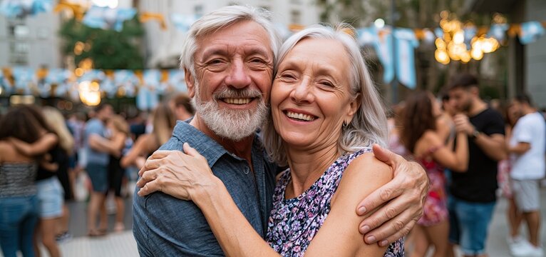 Graceful elderly couple salsa dancing in a lively city square amid festive decorations and a sunset glow.