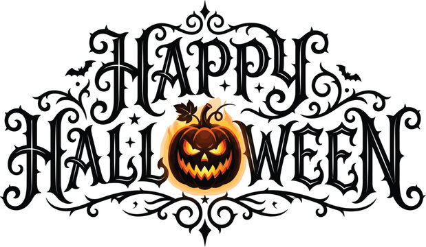 An intricate black decorative typography design featuring the words Happy Halloween with an illuminated glowing jack-o-lantern replacing the letter O in the word Halloween.