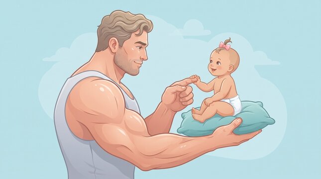 Parenthood and nurturing, muscular father holding a small baby on a pillow, care and family bonding