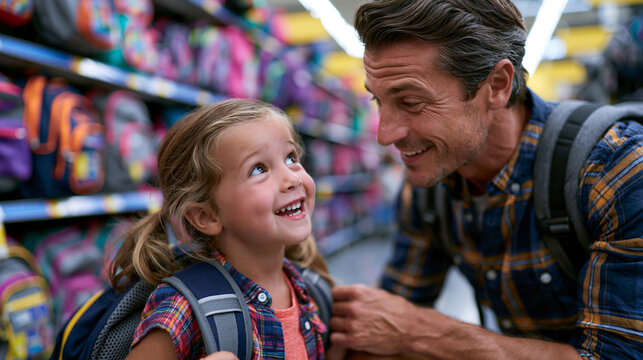 Photorealistic candid scene of a father crouching down to a young child's level in the backpack aisle of an American superstore, helping his daughter try on a backpack to check the