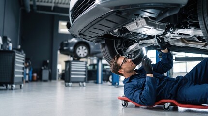 Fototapeta premium A person is lying on a cart beneath a vehicle in an auto shop. They are using tools to fix the car. Other cars and tools are visible in the background