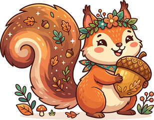 Obraz premium Cute happy cartoon squirrel wearing flower crown holding big acorn with decorated fluffy tail isolated on white background vector illustration