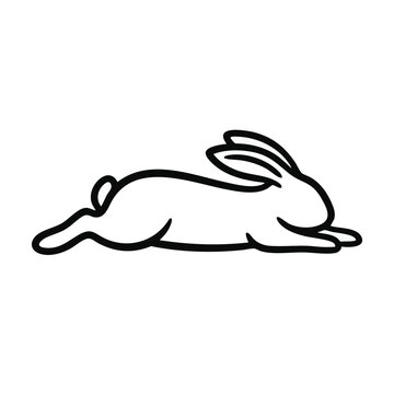 Rabbit flattening on the ground to cool down. Bunny splooting in hot weather. Minimalist line art vector illustration isolated