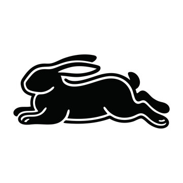 Rabbit silhouette flattening on the ground. Bunny splooting in hot weather to cool down. Minimalist vector illustration isolated
